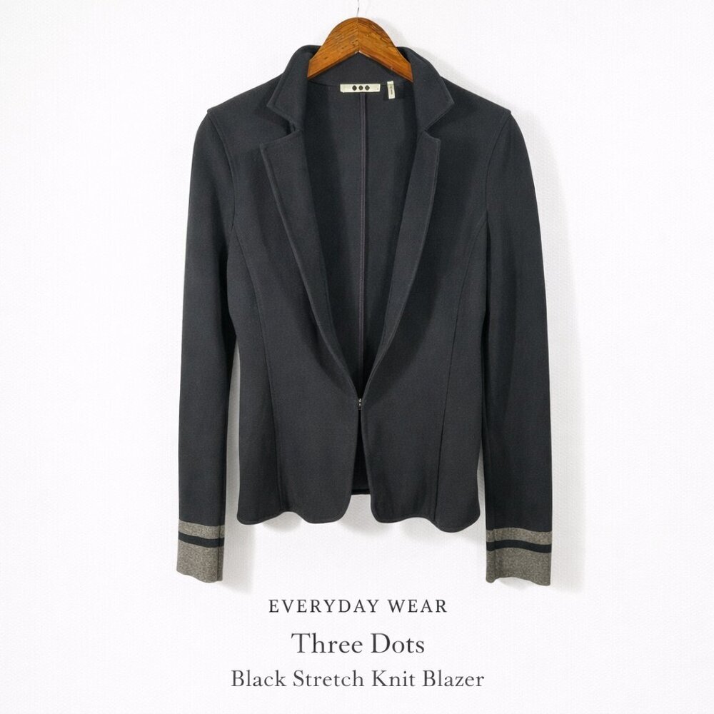 Three Dots Black Stretch Knit Blazer Metallic Cuff Trim Made USA M